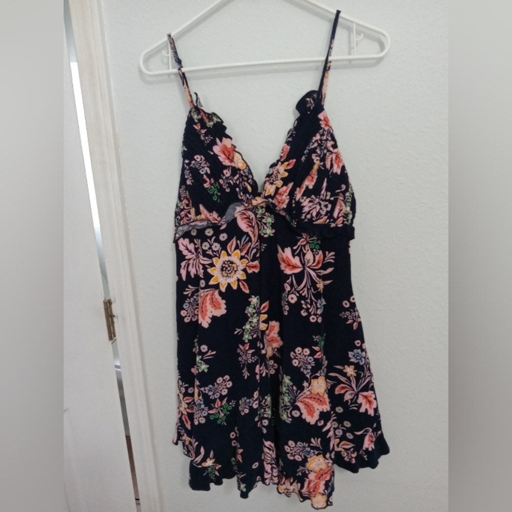 Free people corduroy floral romper sun dress with ruffles navy blue size medium